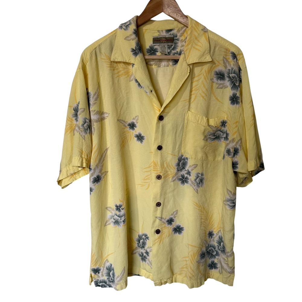 Original Island Sport Shirt Mens Large Yellow Excellent Floral Rayon Button Down
